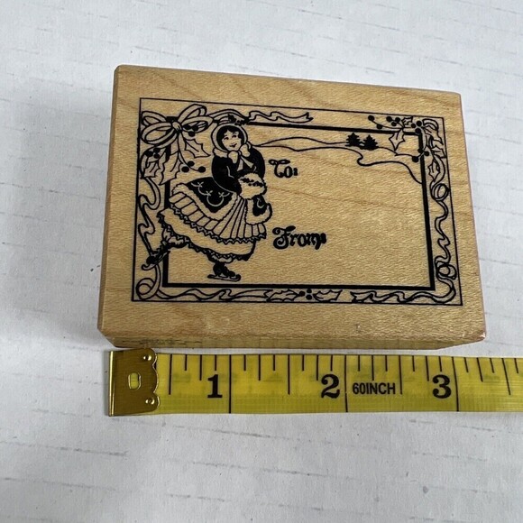 PSX F-392 Christmas Rubber Stamp GIRL ICE SKATING VINTAGE TO/FROM TAG LABEL - Picture 11 of 11